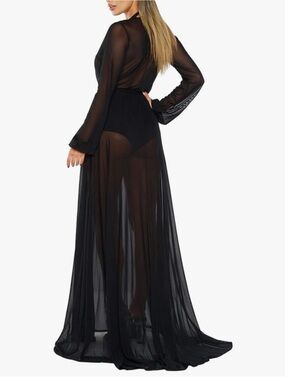 Black Sheer Maxi Swim Coverup robe with Waist Tie